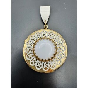 Vintage Gold Tone Round Locket White Milk Glass Cabochon Enamel Filigree